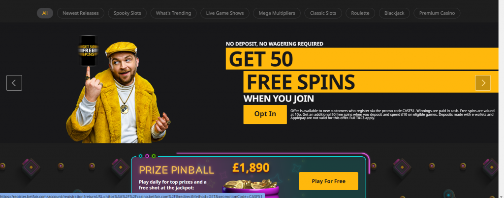 Betfair Casino - Screenshot of Get 50 free spins