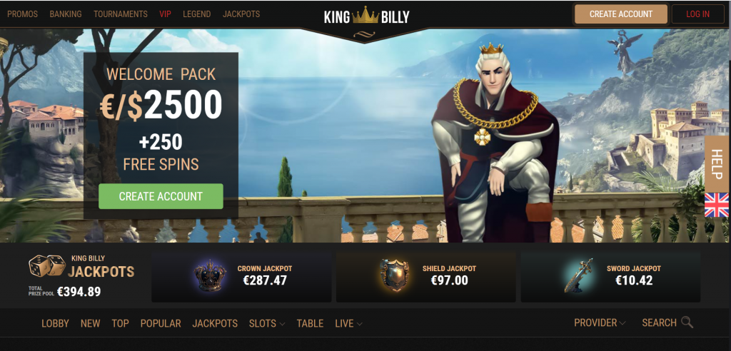 King Billy Casino - Screenshot of homepage