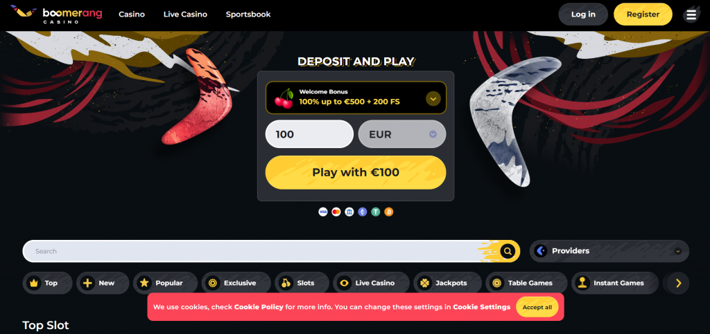 Boomerang Casino - Screen shot of welcome page