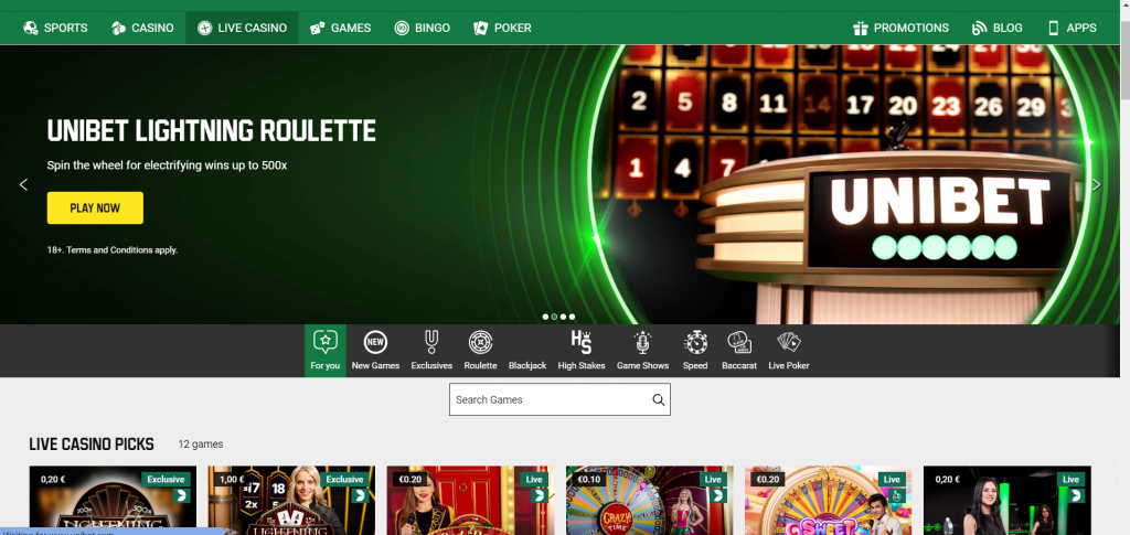Unibet casino: Screenshot of In Live 