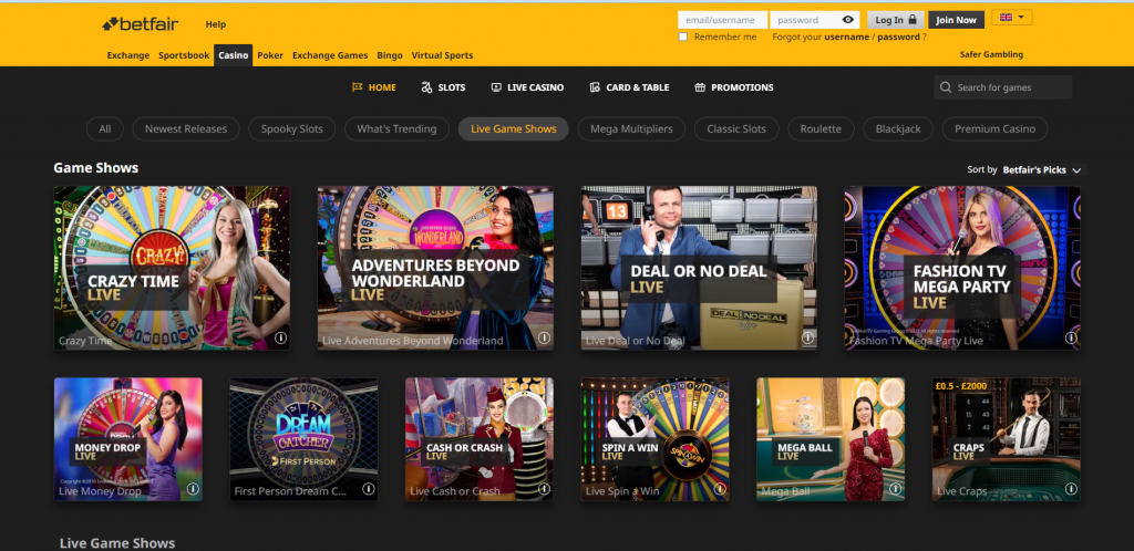 Betfair Casino -  Screenshot of Live games 