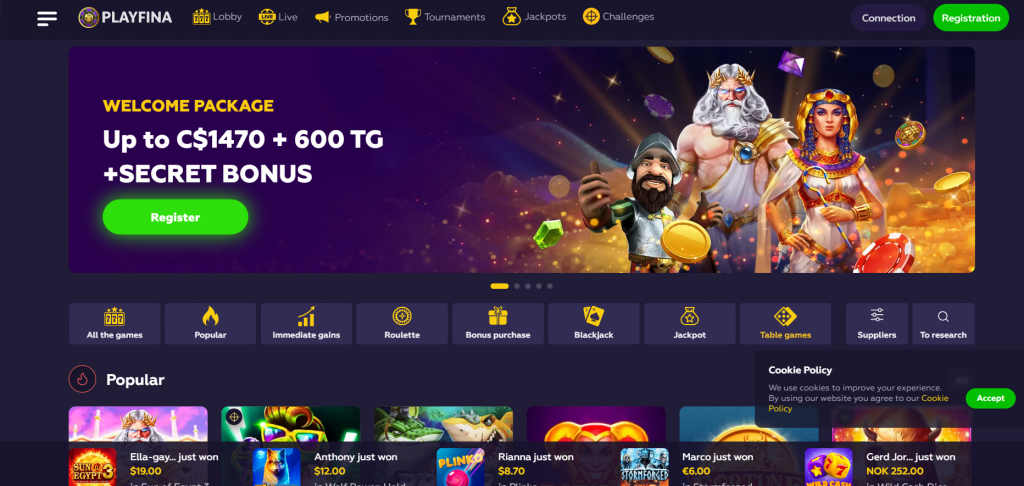 Playfina Casino - Welcome page, screenshot