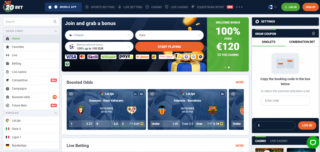 20 Bet Casino - Welcome page, screenshot 